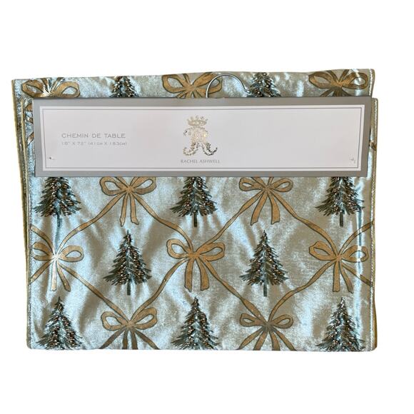 RACHEL ASHWELL Beaded Christmas Tree Bow Table Runner 16x90 Mint Green Gold NEW - Picture 15 of 16